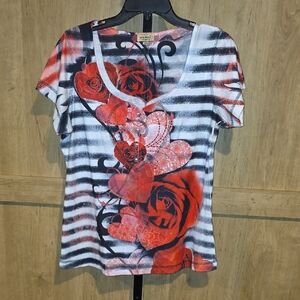 (J53) ONE WORLD Red Floral and Black Striped Tee
